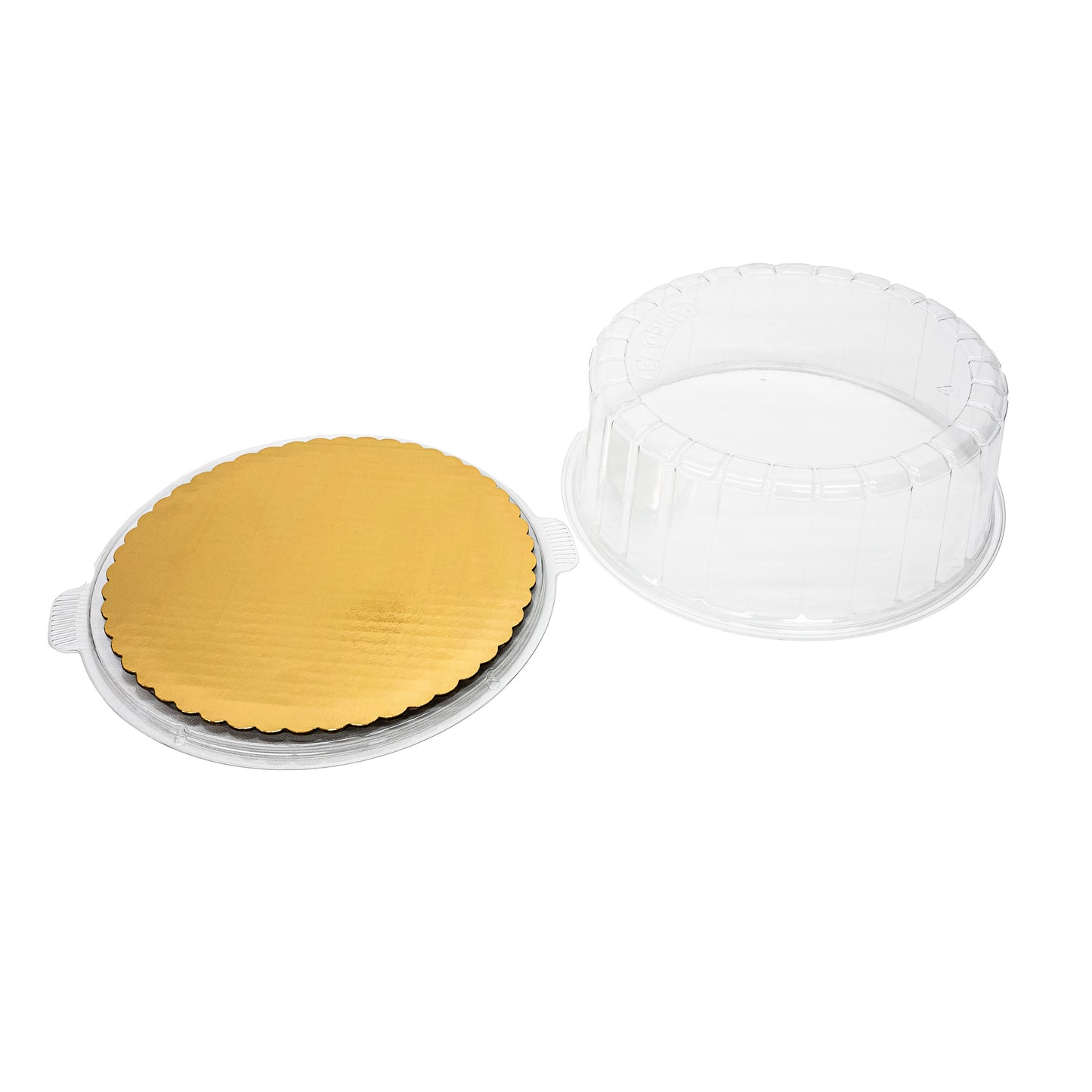 2 in 1 7" inch Clear EZ Open Cake Container with Dome Lid & 8" Scalloped Cake Pads