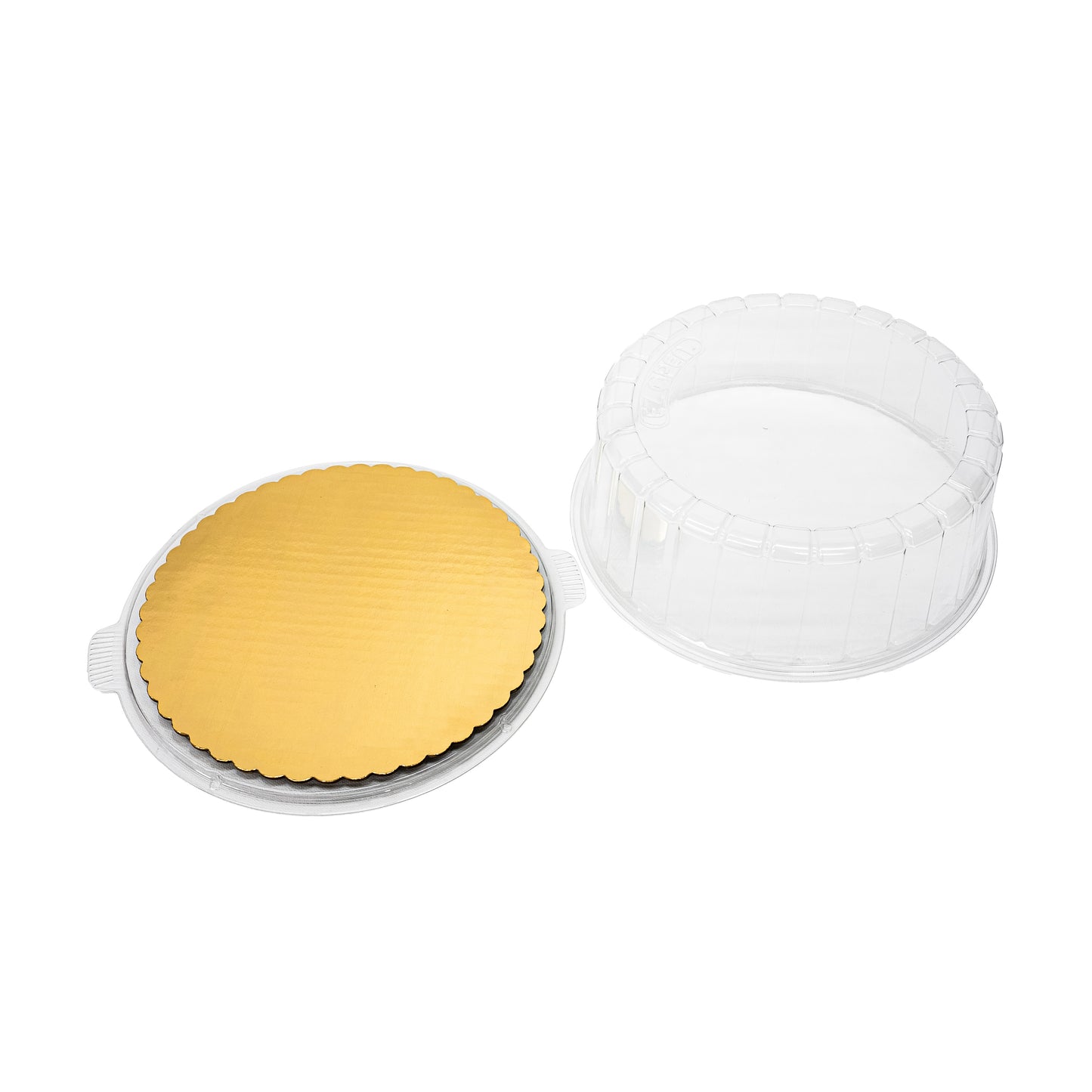 2 in 1 7" inch Clear EZ Open Cake Container with Dome Lid & 8" Scalloped Cake Pads